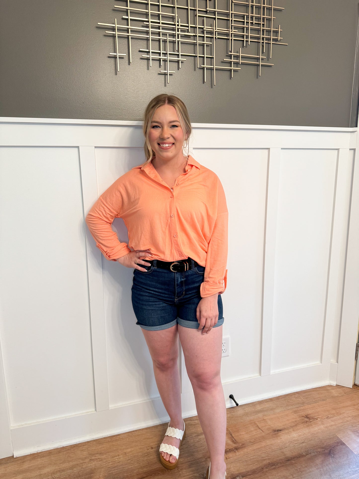 Peachy Keen Oversized Button Up Top, Peach