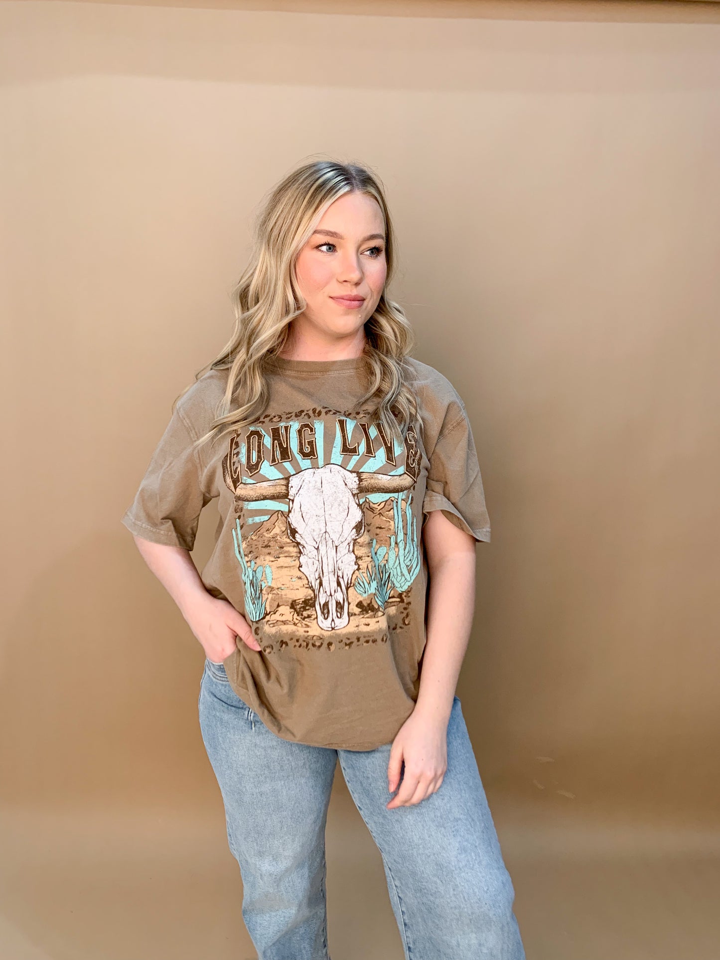 Long Live Longhorn Boho Graphic Tee, Taupe