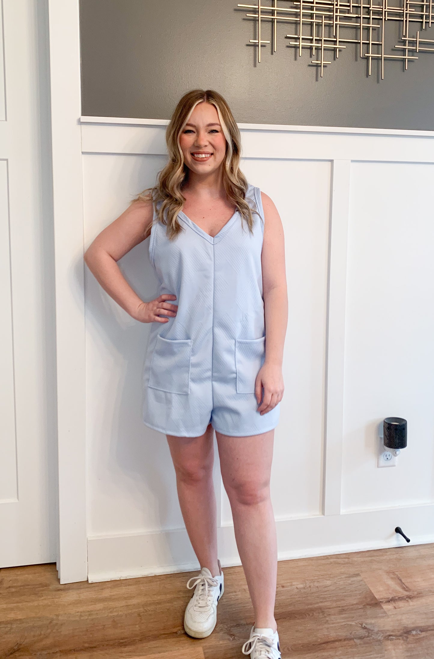 Willa Quilted Texture Solid Romper, Baby Blue