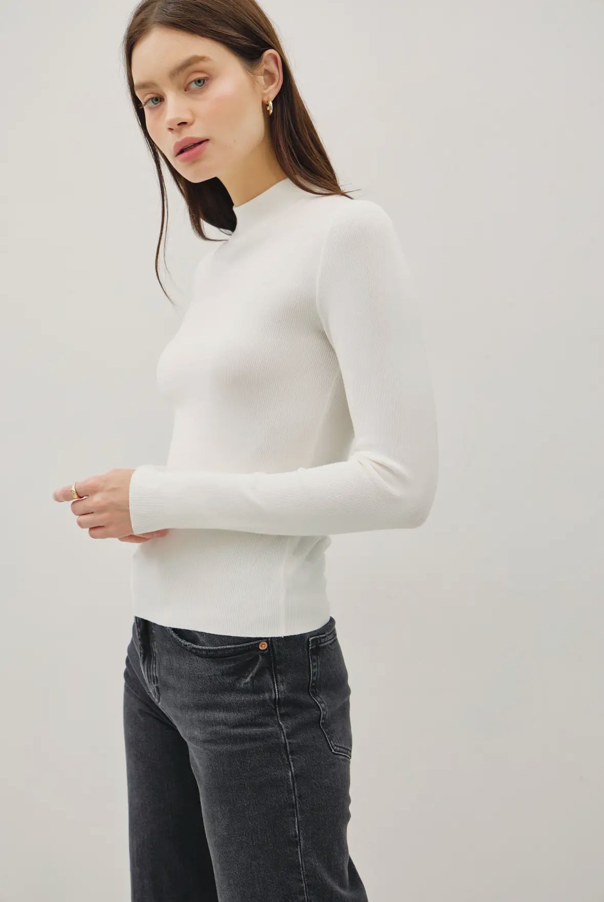 Juliana Mock Neck Ribbed Sweater, Ivory