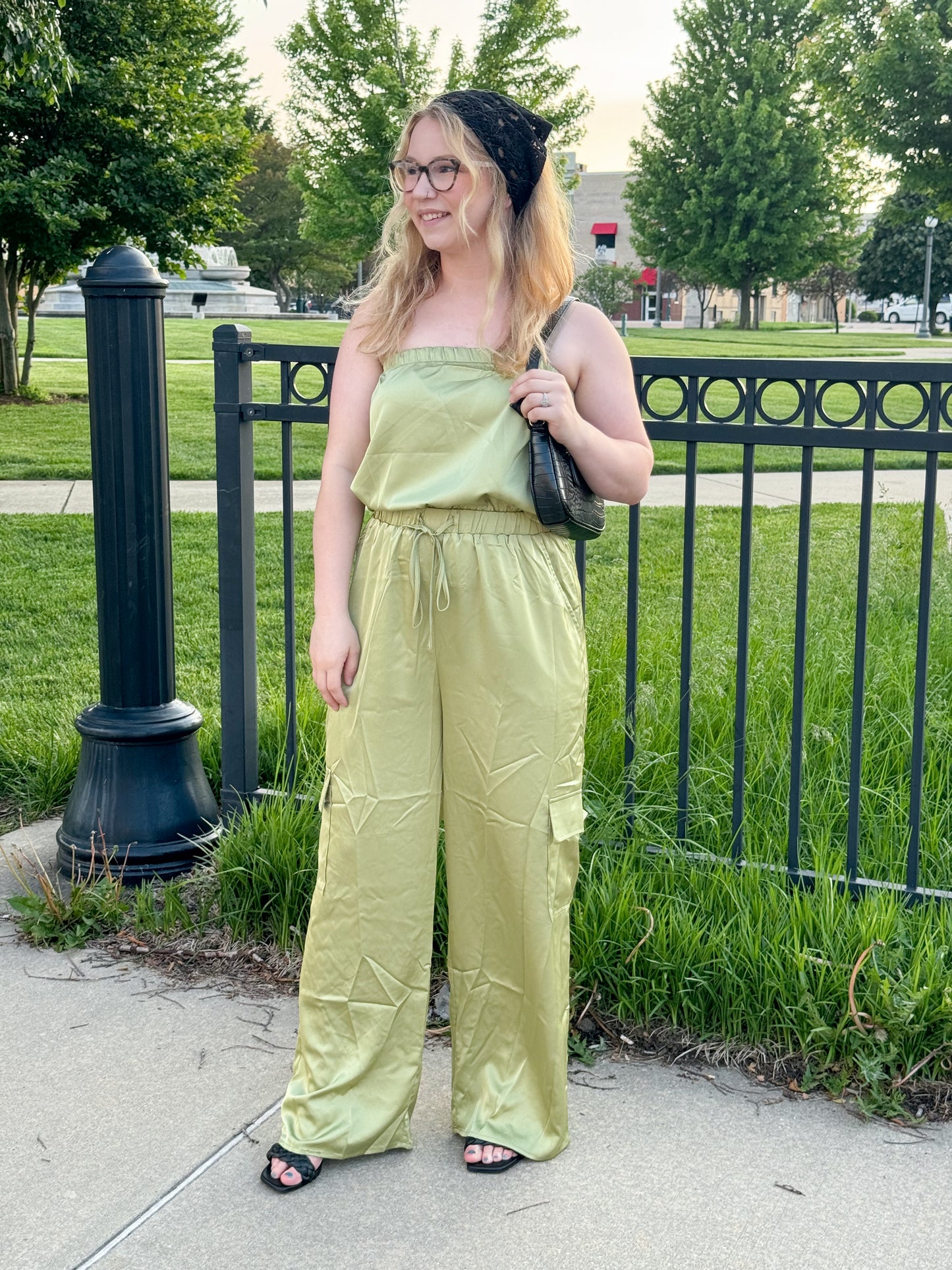 Linley Satin Cargo Jumpsuit, Avocado