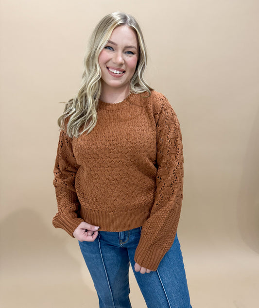 Addy Pointelle Knit Puff Sleeve Sweater, Brick Brown