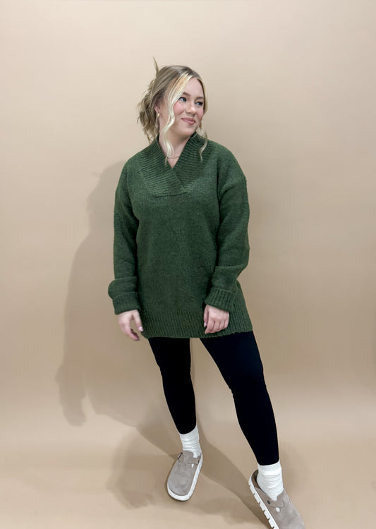 Suni Slouchy V-neck Soft Knit Sweater, Olive