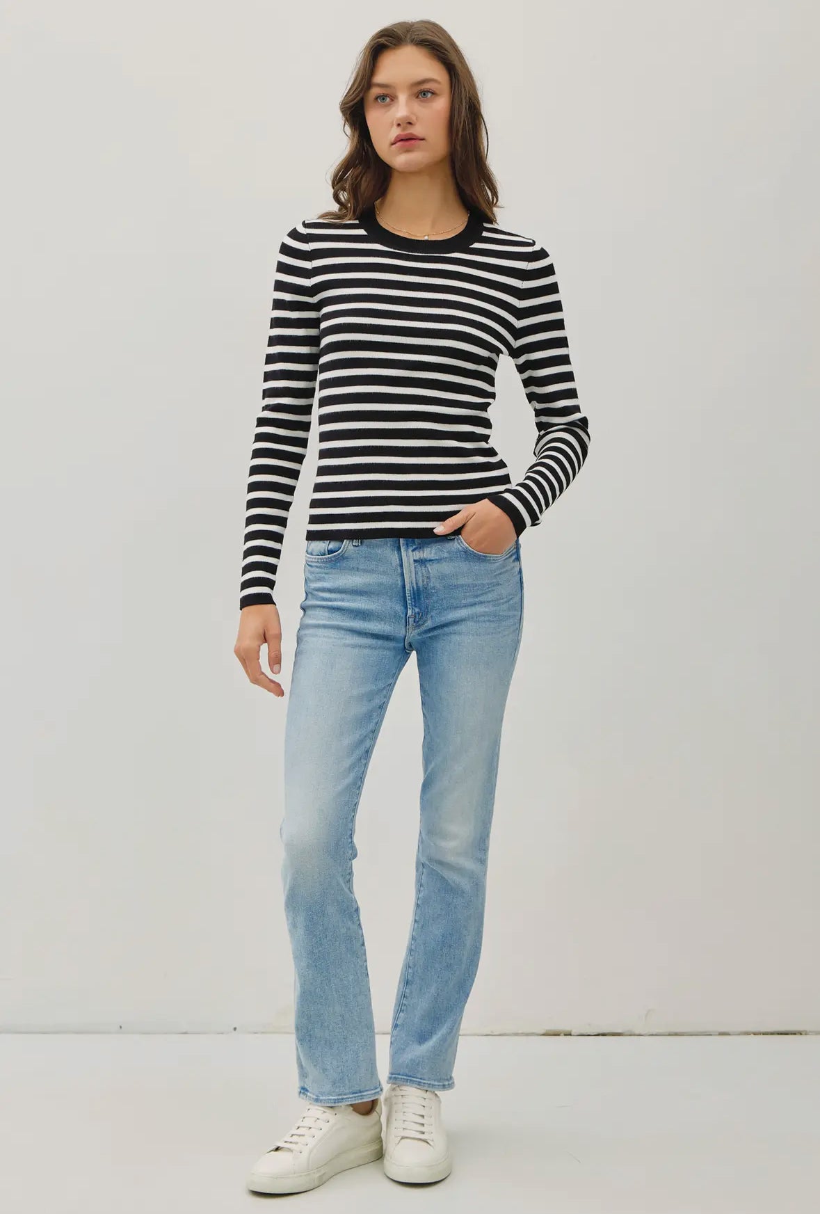 Jill Basic Striped Sweater, Black/White