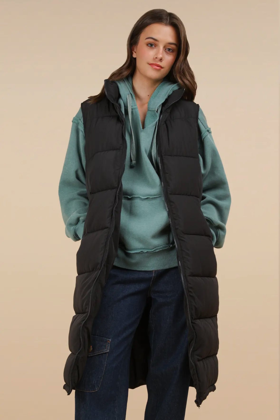 Kelli Long Puffer Vest, Black