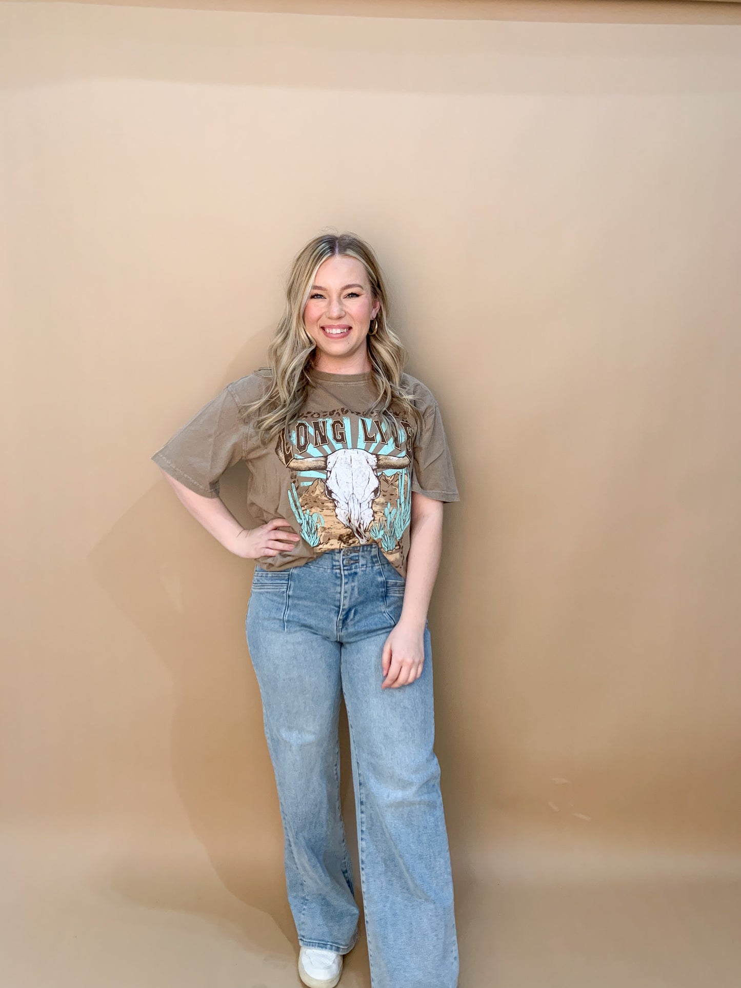 Long Live Longhorn Boho Graphic Tee, Taupe