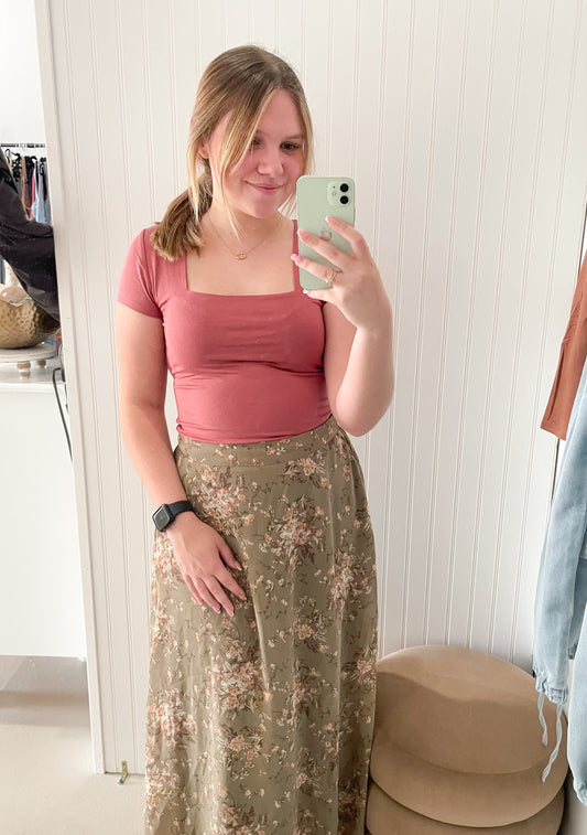 Randa Floral Maxi Slip Skirt, Moss