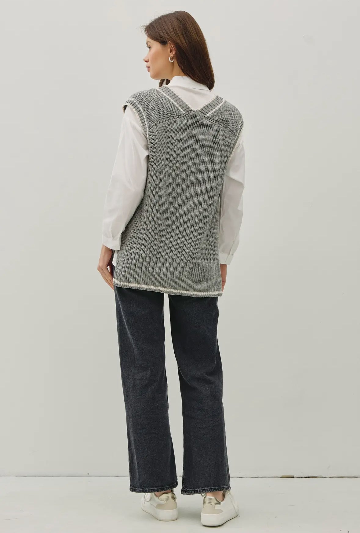 Lynn Varsity Style Sweater Vest with Accent Stripe, Grey