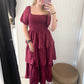 Veda Square Neck Tiered Midi Dress, Burgundy