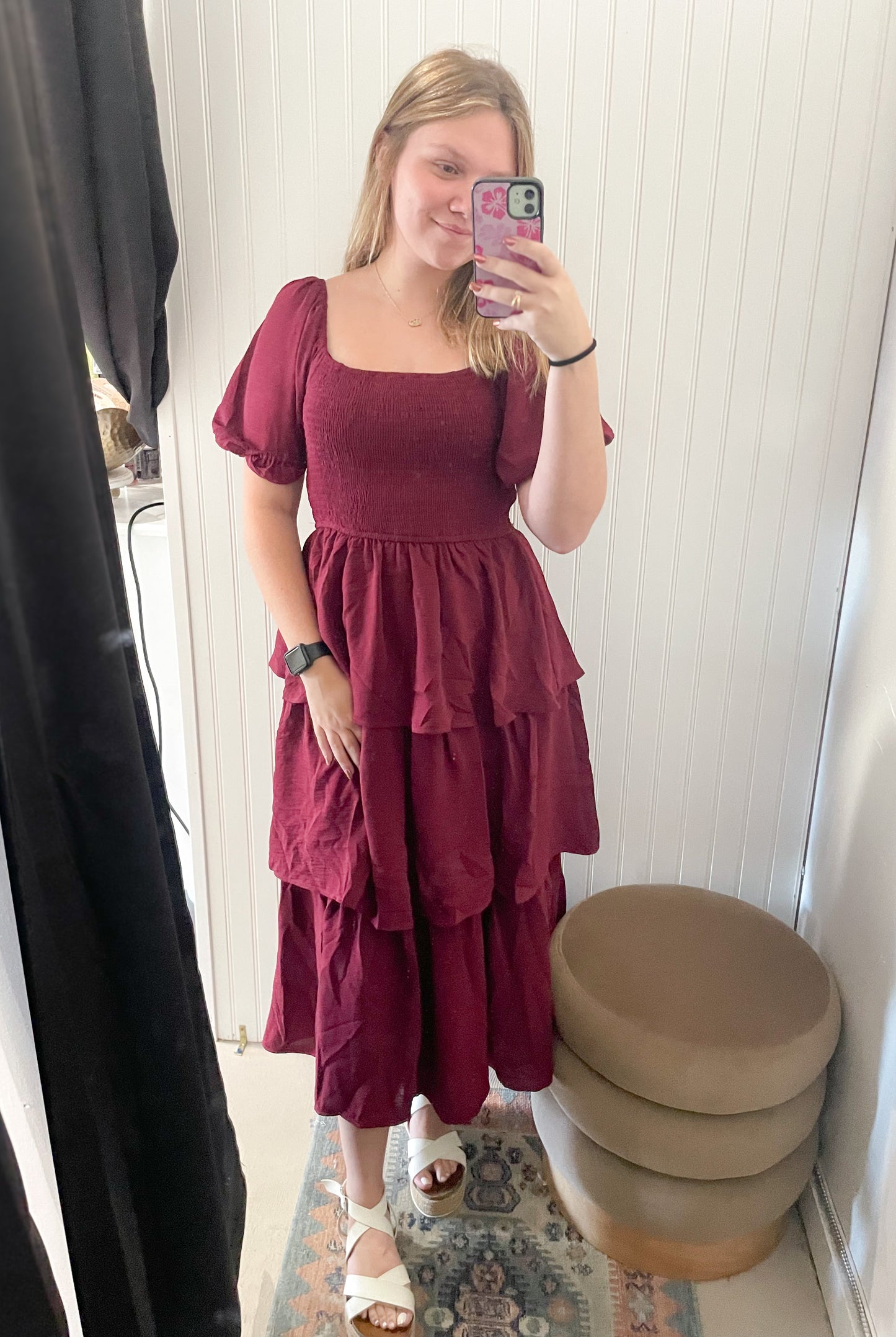 Veda Square Neck Tiered Midi Dress, Burgundy