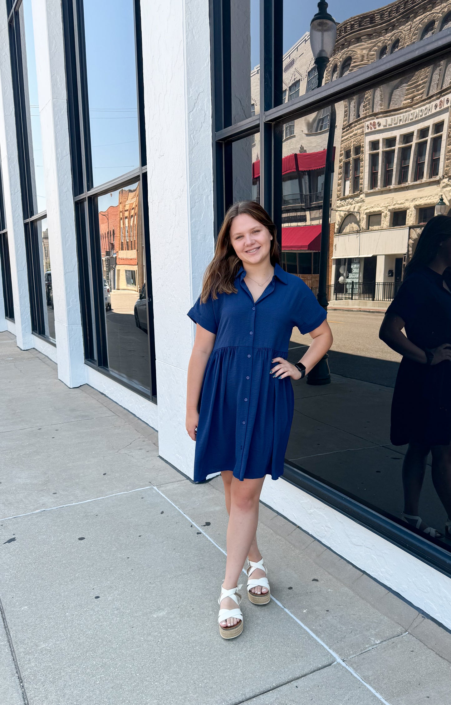 Heidi Drop Waist Button Up Dress, Navy