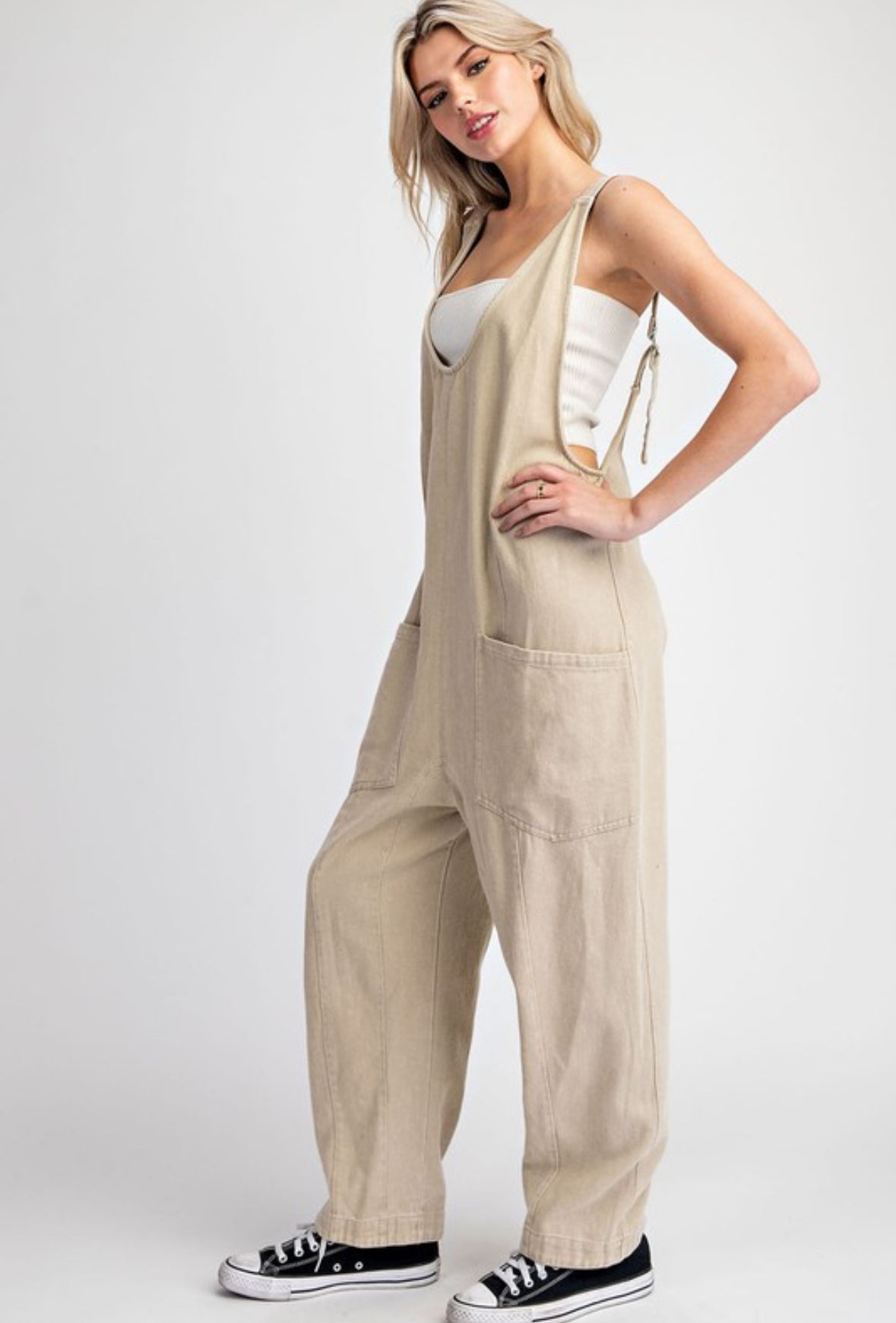 Emmie Mineral Solid Scoop Neck Jumpsuit, Taupe