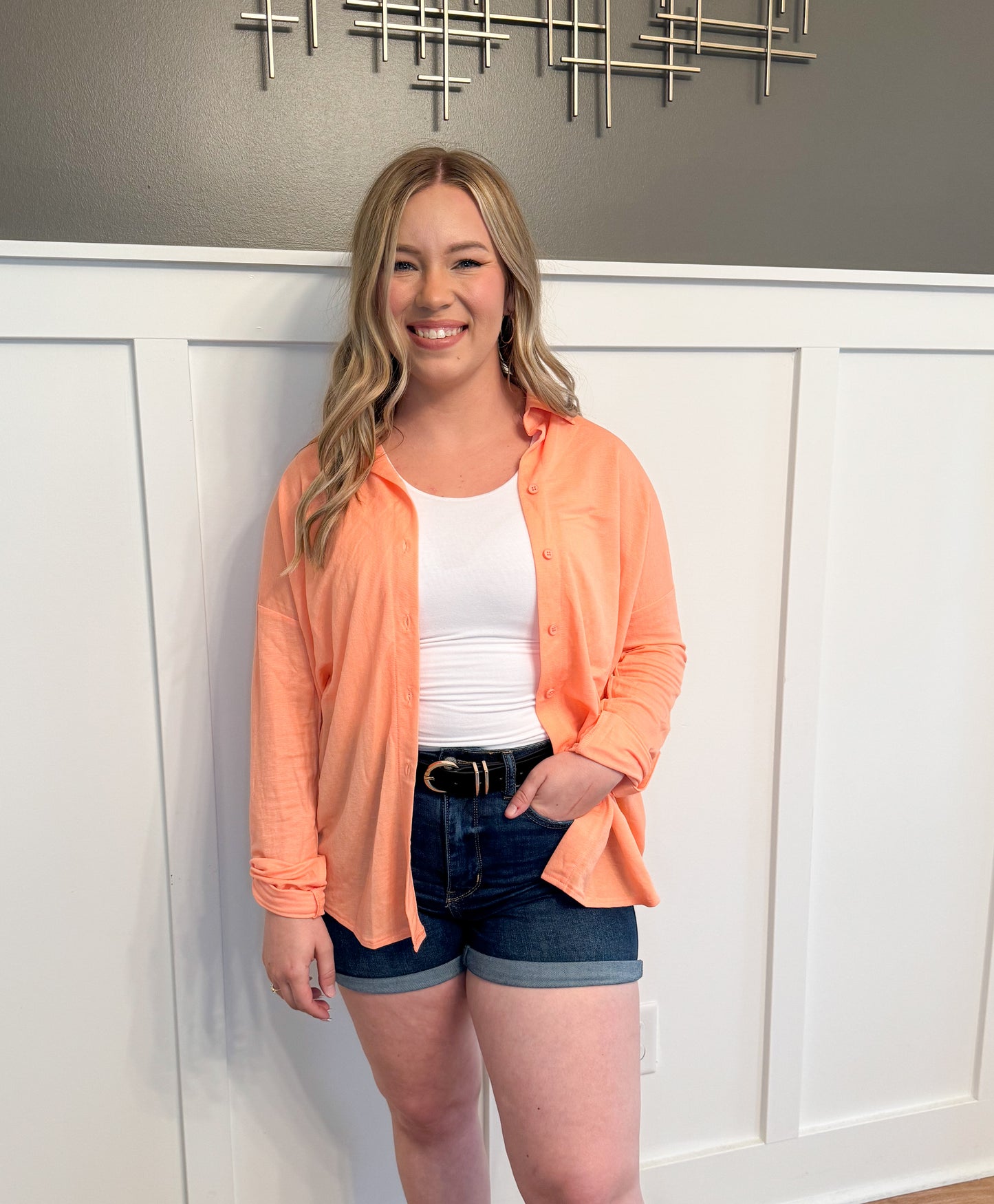 Peachy Keen Oversized Button Up Top, Peach