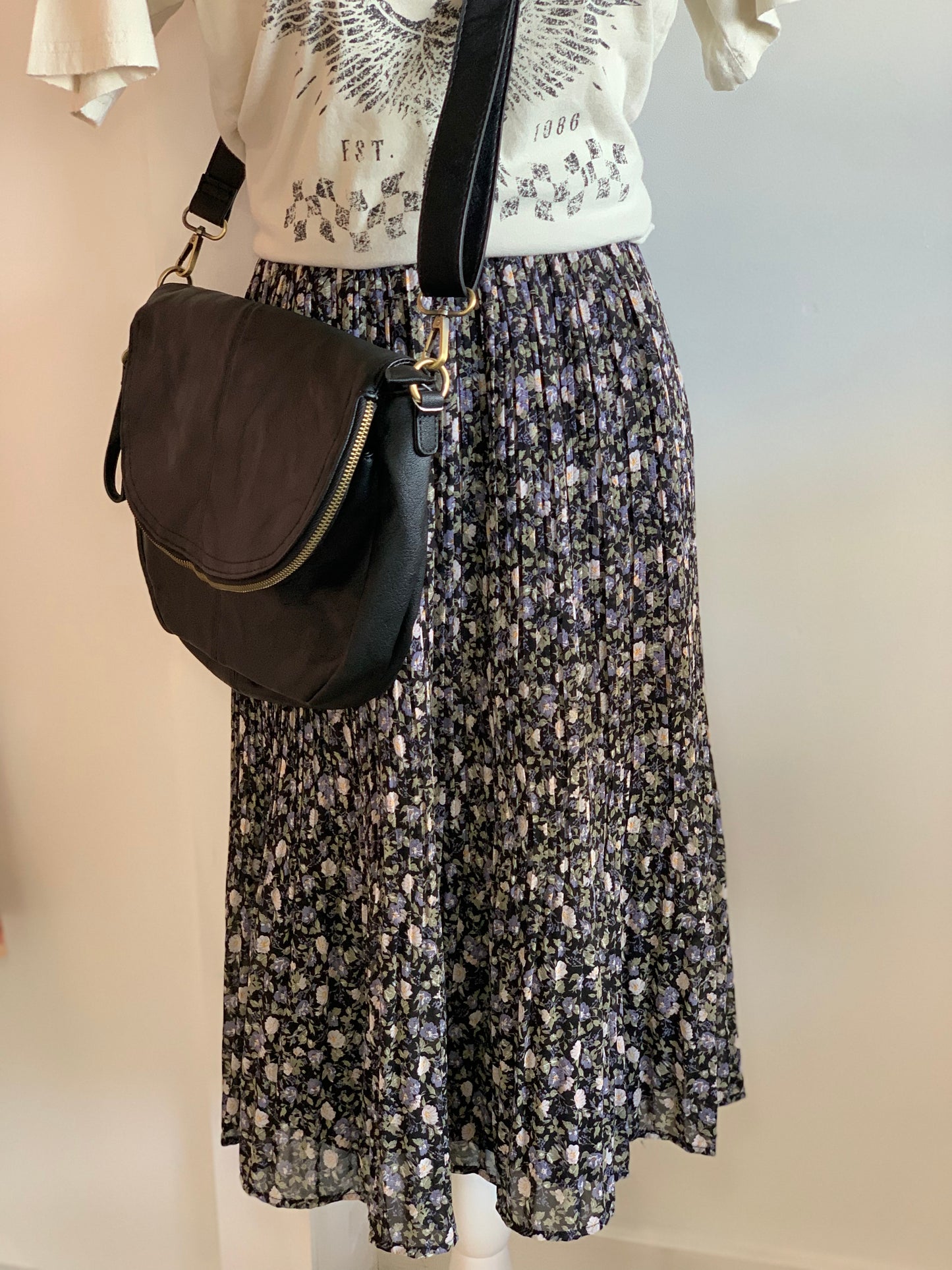 Florence Pleated Floral Midi Skirt, Black