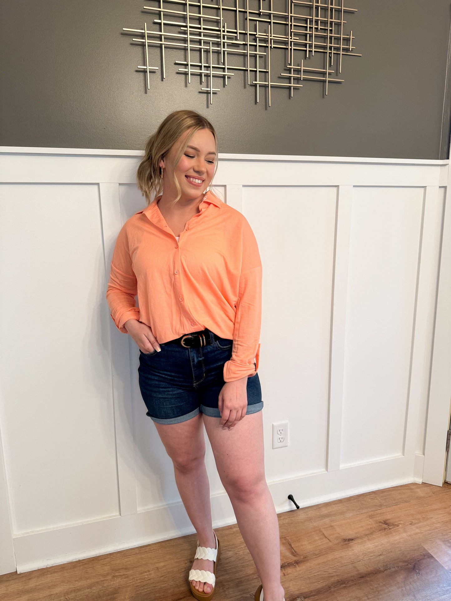 Peachy Keen Oversized Button Up Top, Peach