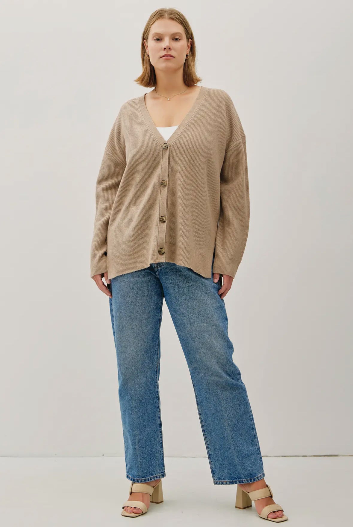 Opal V-Neck Button Down Ribbed Cardigan Plus, Mocha