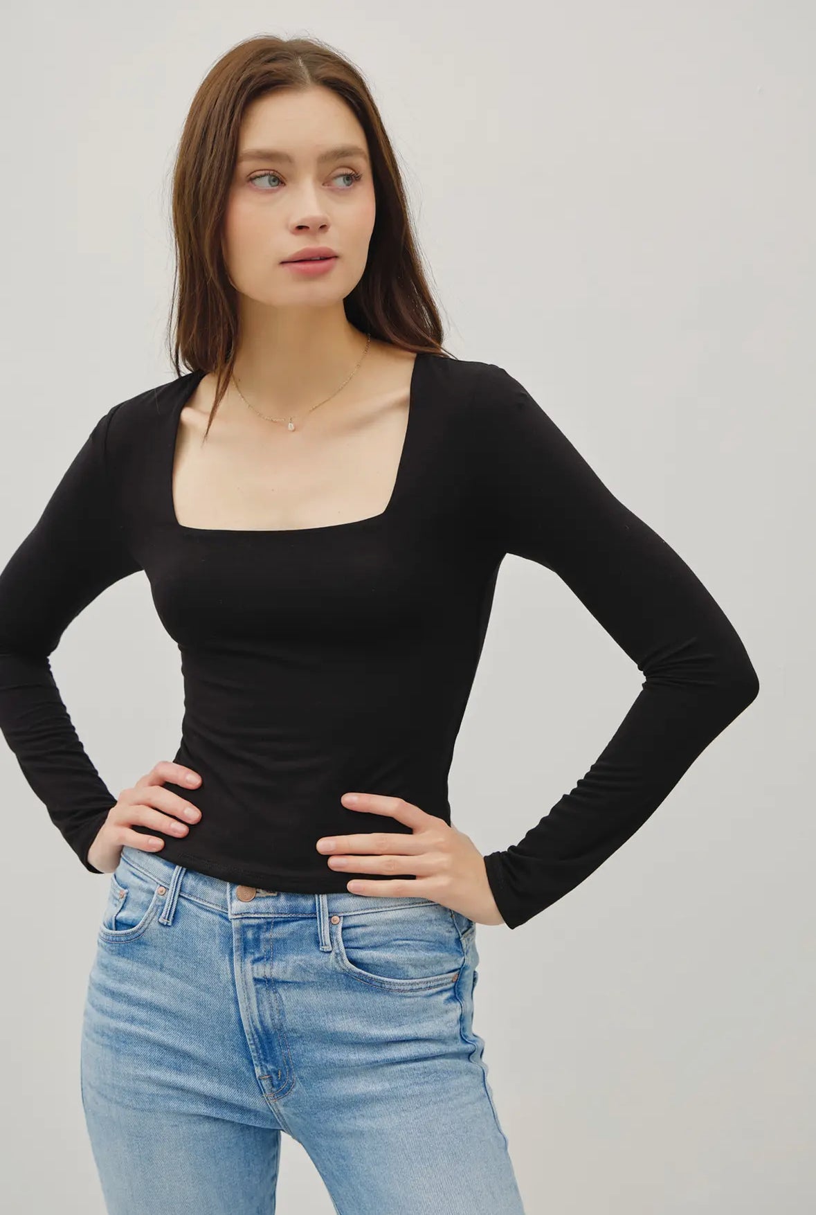 Erica Basic Square Neck Long Sleeve Top, Black