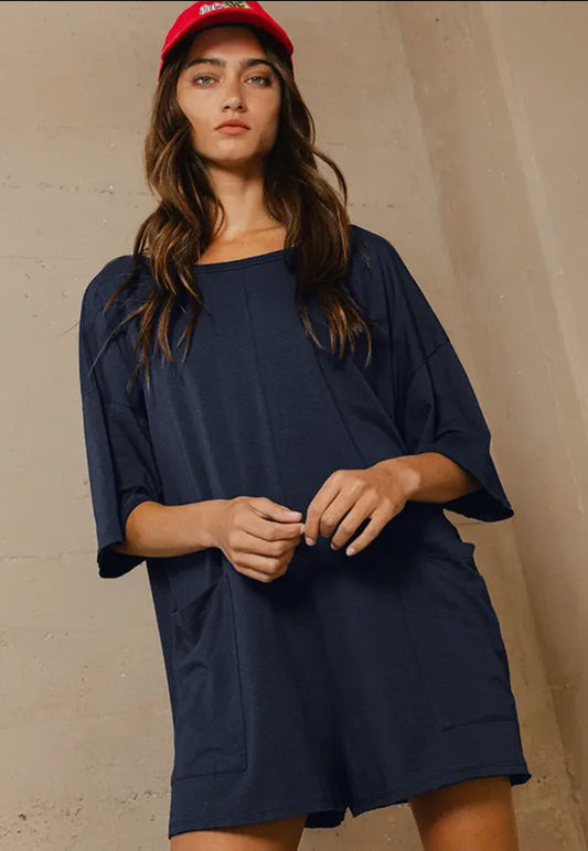 Randa Crew Neckline V-Back Oversized Romper, Navy