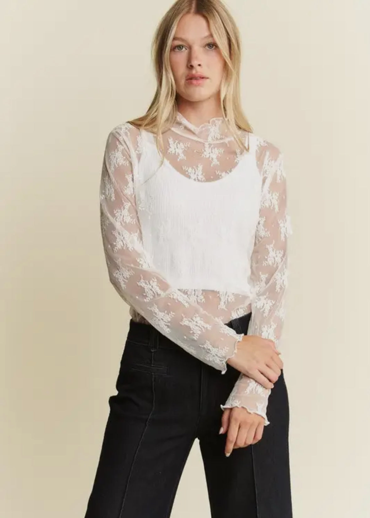 Krissi Floral Print Lace Long Sleeve Top, White