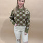 Ethel Vintage Flower Pattern Crewneck Knit Sweater, Olive