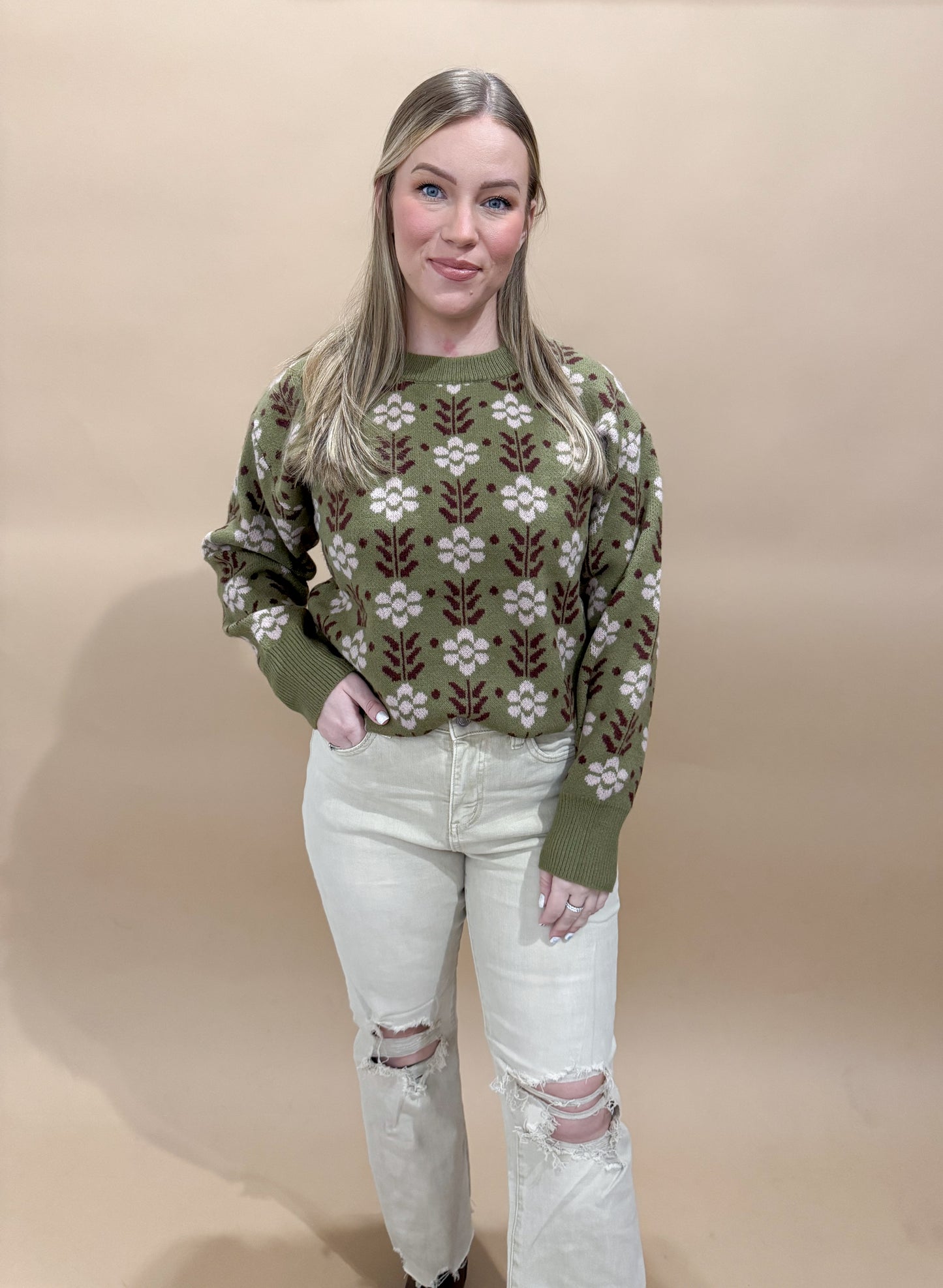 Ethel Vintage Flower Pattern Crewneck Knit Sweater, Olive