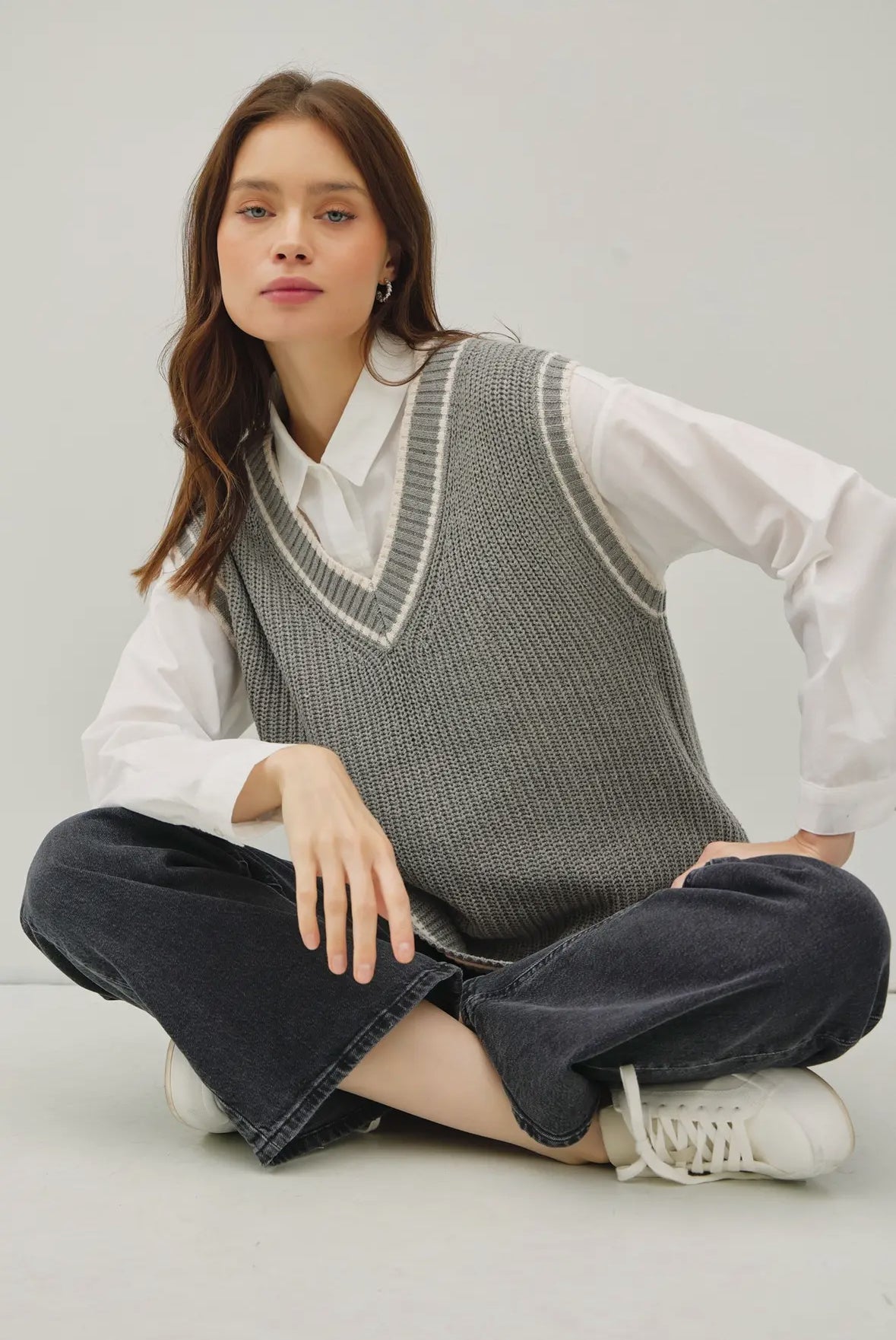 Lynn Varsity Style Sweater Vest with Accent Stripe, Grey