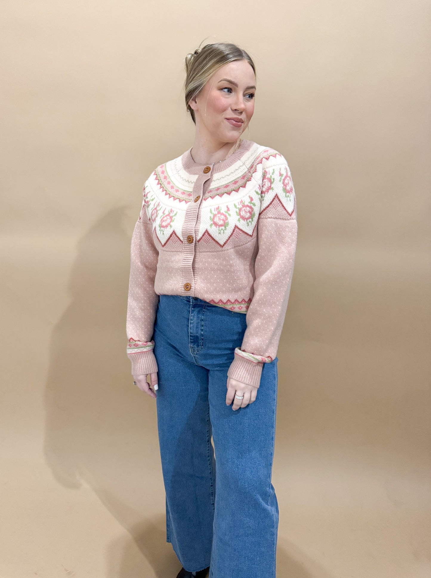 Beverly Vintage Flower Pattern Crewneck Cardigan, Dusty Pink