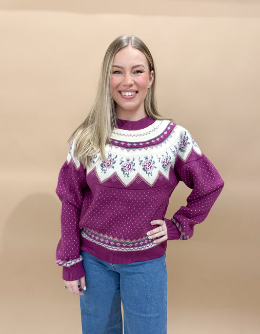 Freda Vintage Pattern Crewneck Knit Sweater, Magenta