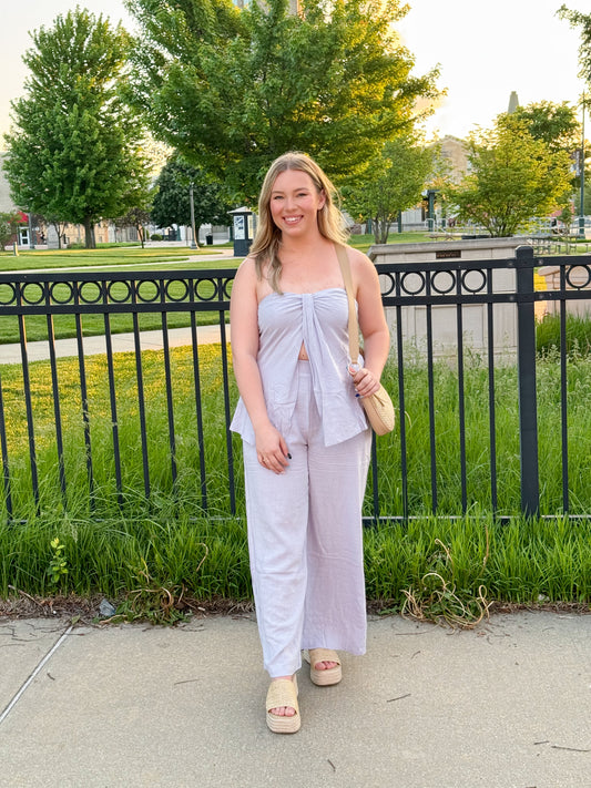 Florence Classic Linen Tube Top / Pants Set, Lavender Blue