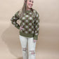 Ethel Vintage Flower Pattern Crewneck Knit Sweater, Olive