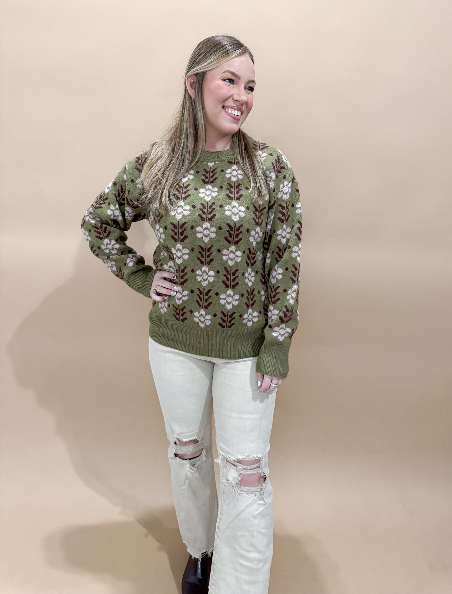 Ethel Vintage Flower Pattern Crewneck Knit Sweater, Olive