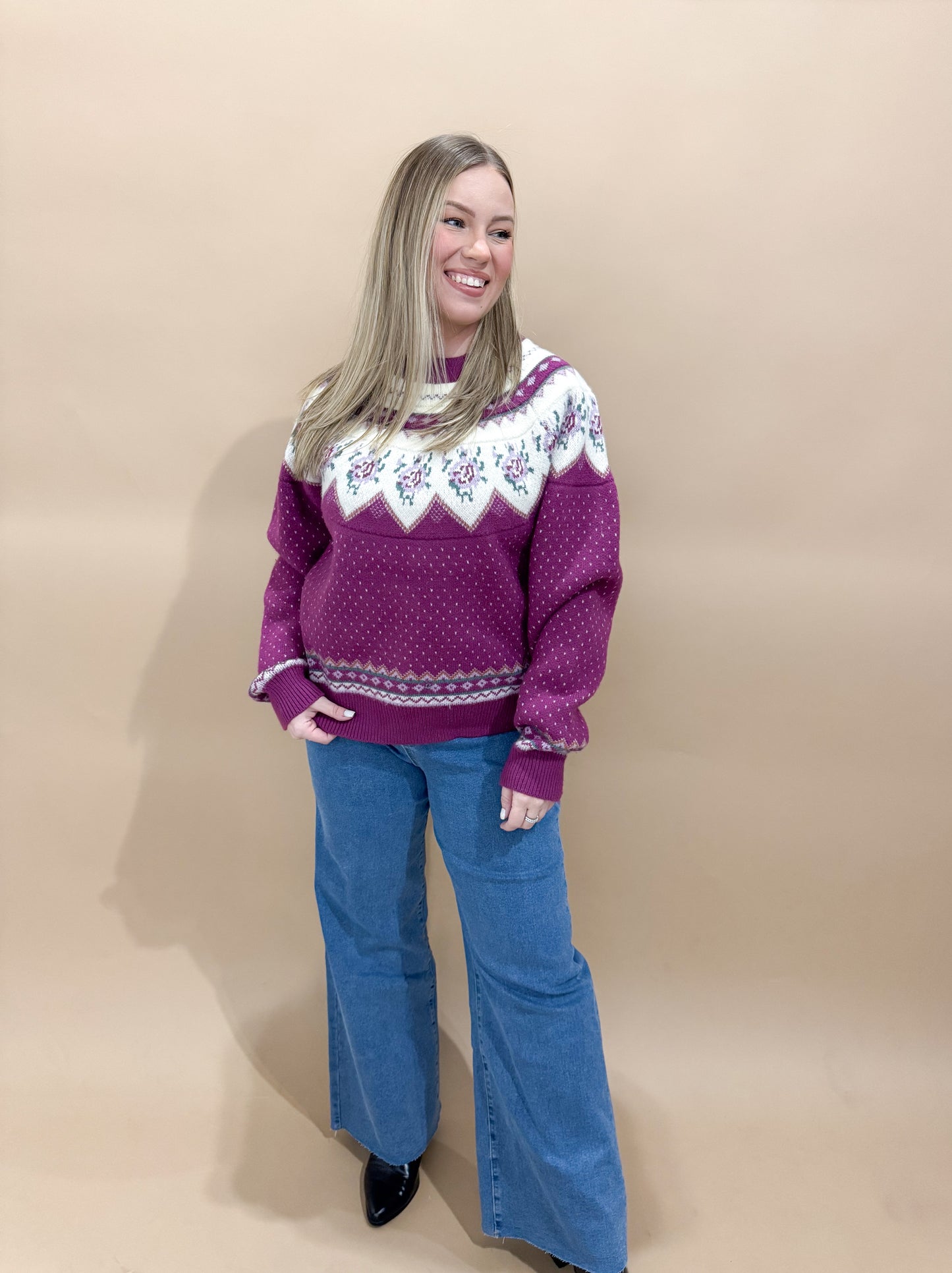 Freda Vintage Pattern Crewneck Knit Sweater, Magenta