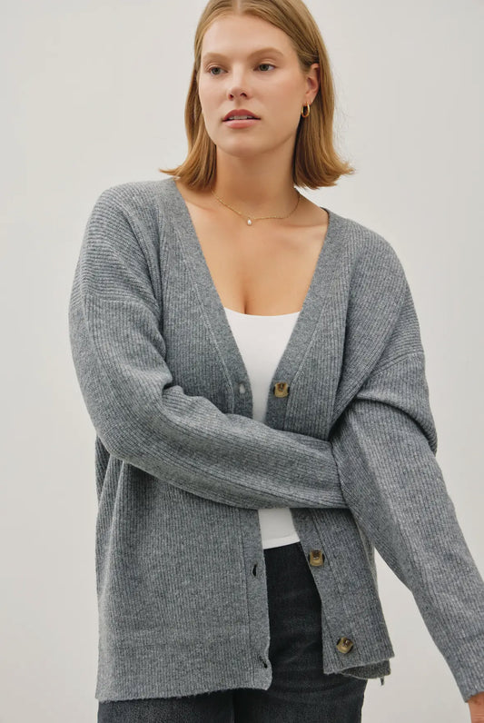 Opal V-Neck Button Down Ribbed Cardigan Plus, Charcoal