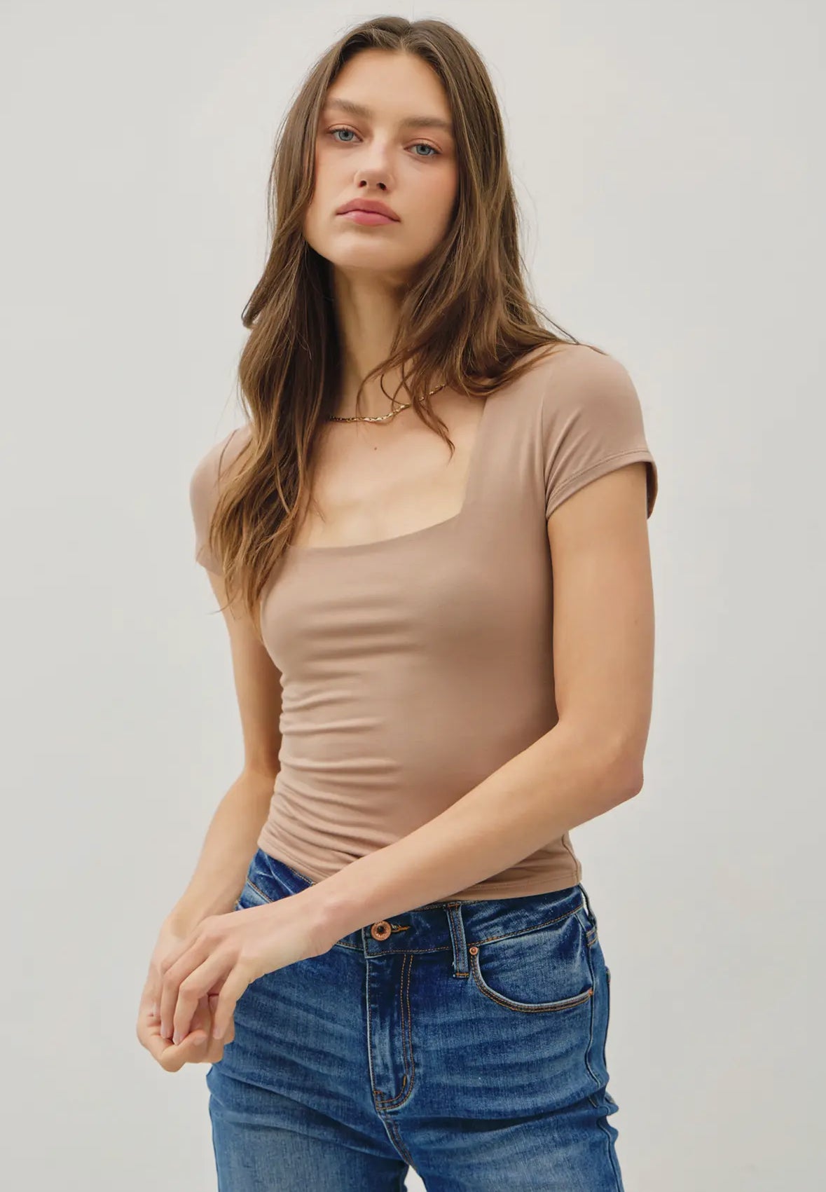 Goldie Square Neck Basic Tee, Dark Taupe