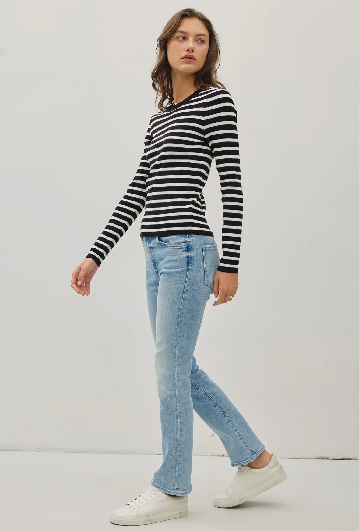 Jill Basic Striped Sweater, Black/White