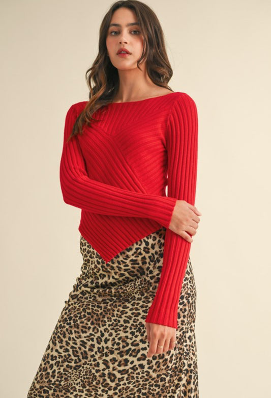 Gracie Pointed Hem Ribbed Sweater, Red