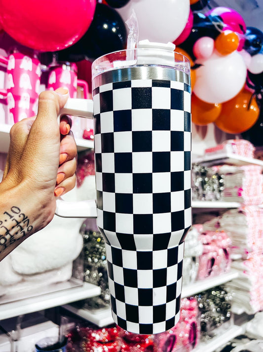 30 oz Black + White Checkered Tumbler Cup