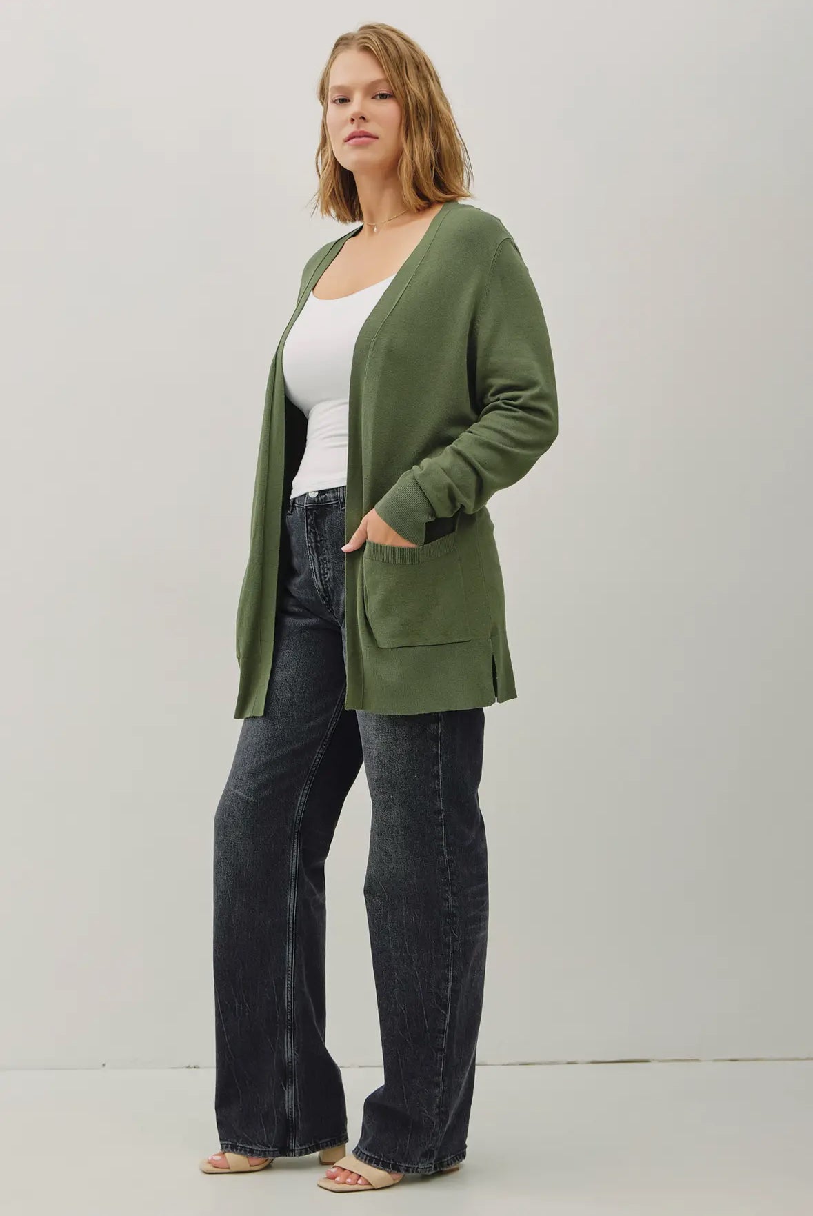 Claudia Open Front Knit Sweater Cardigan Plus, Green Ivy