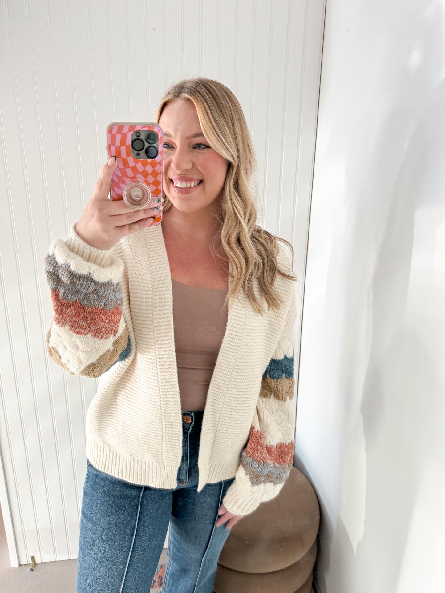 JJ Chunky Knit Striped Sleeve Cardigan, Ivory