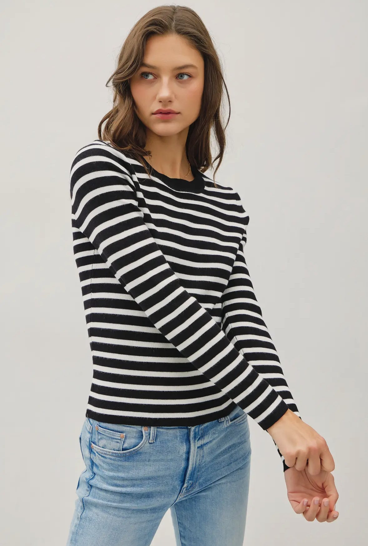 Jill Basic Striped Sweater, Black/White