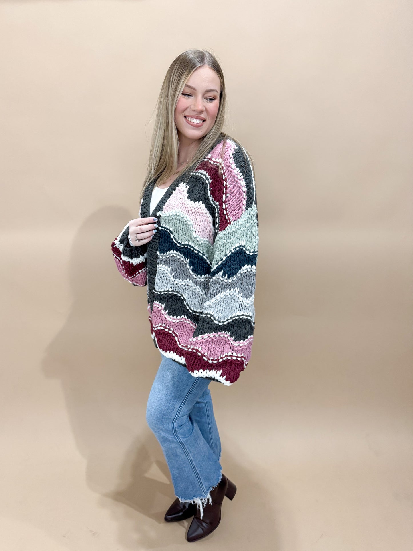 Wylie Wavy Colorblock Hand Crochet Knit Cardigan, Charcoal Multi