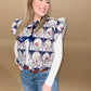 Margaret Quilted Puff Flutter Sleeve Floral Vest, Navy