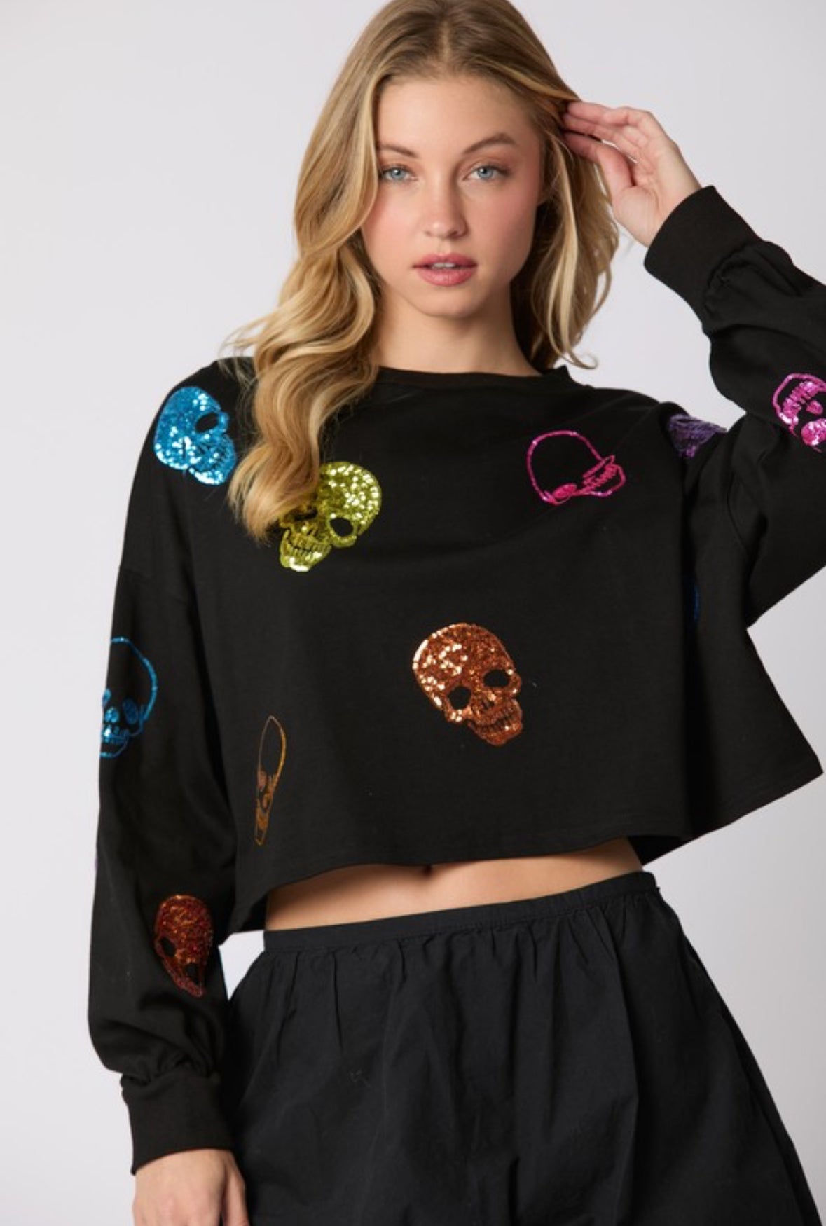 Jessa Skeleton Face Sequin Embroidered Sweatshirt, Black