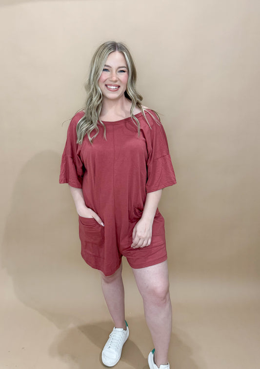 Randa Crew Neckline V-Back Oversized Romper, Brick