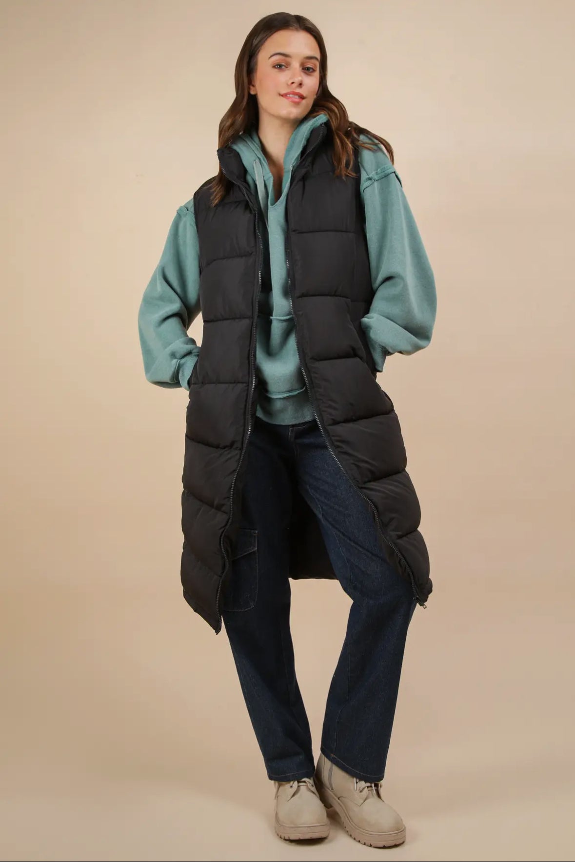 Kelli Long Puffer Vest, Black