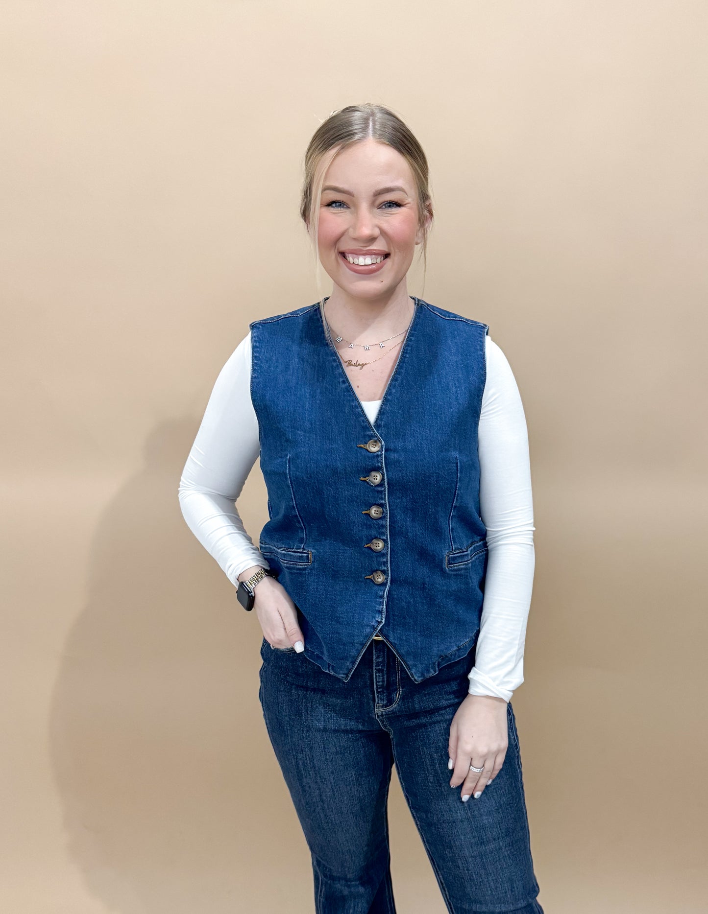 EmmieJo Stretchy Button Down Denim Vest, Dark Wash