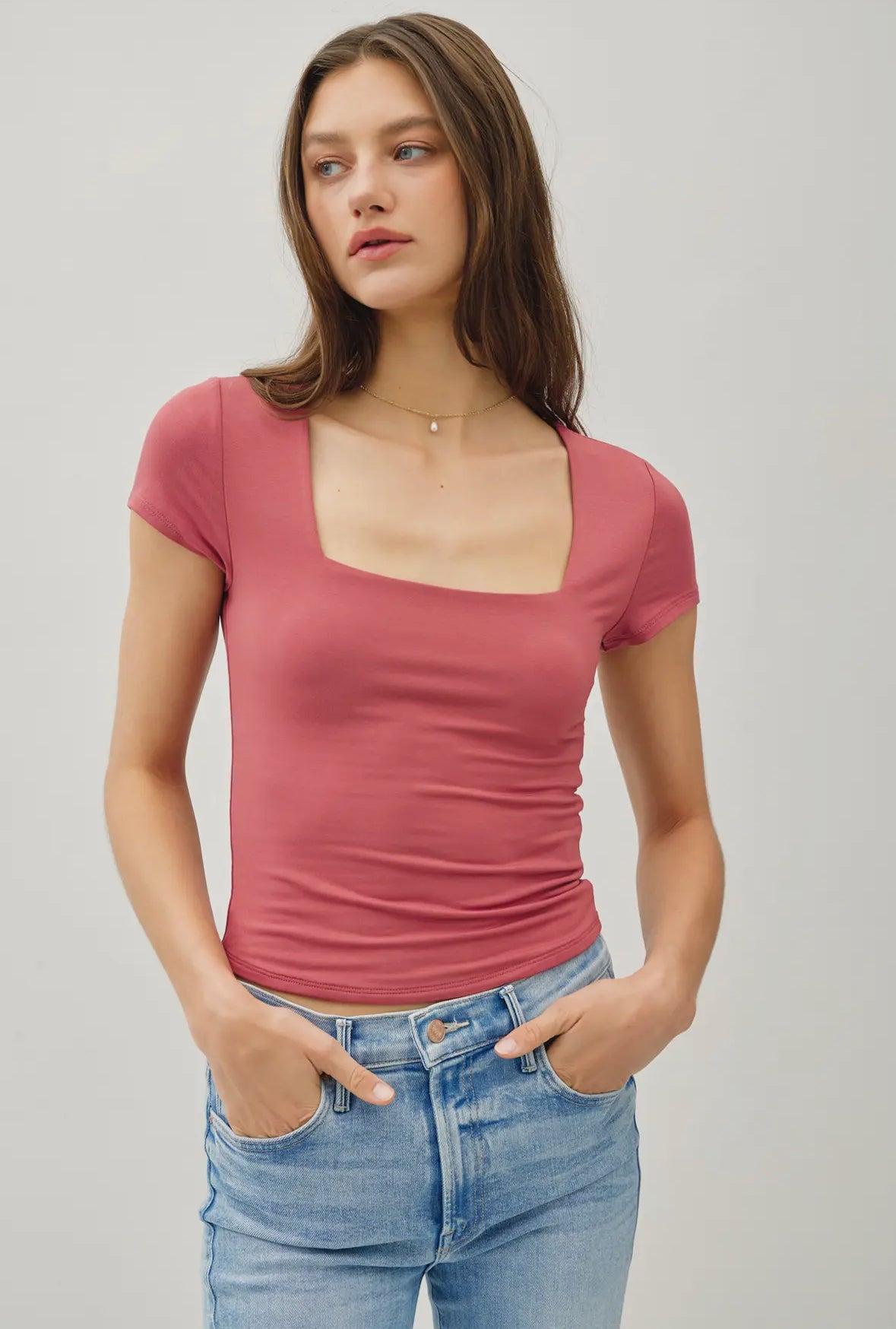 Goldie Square Neck Basic Tee, Sienna