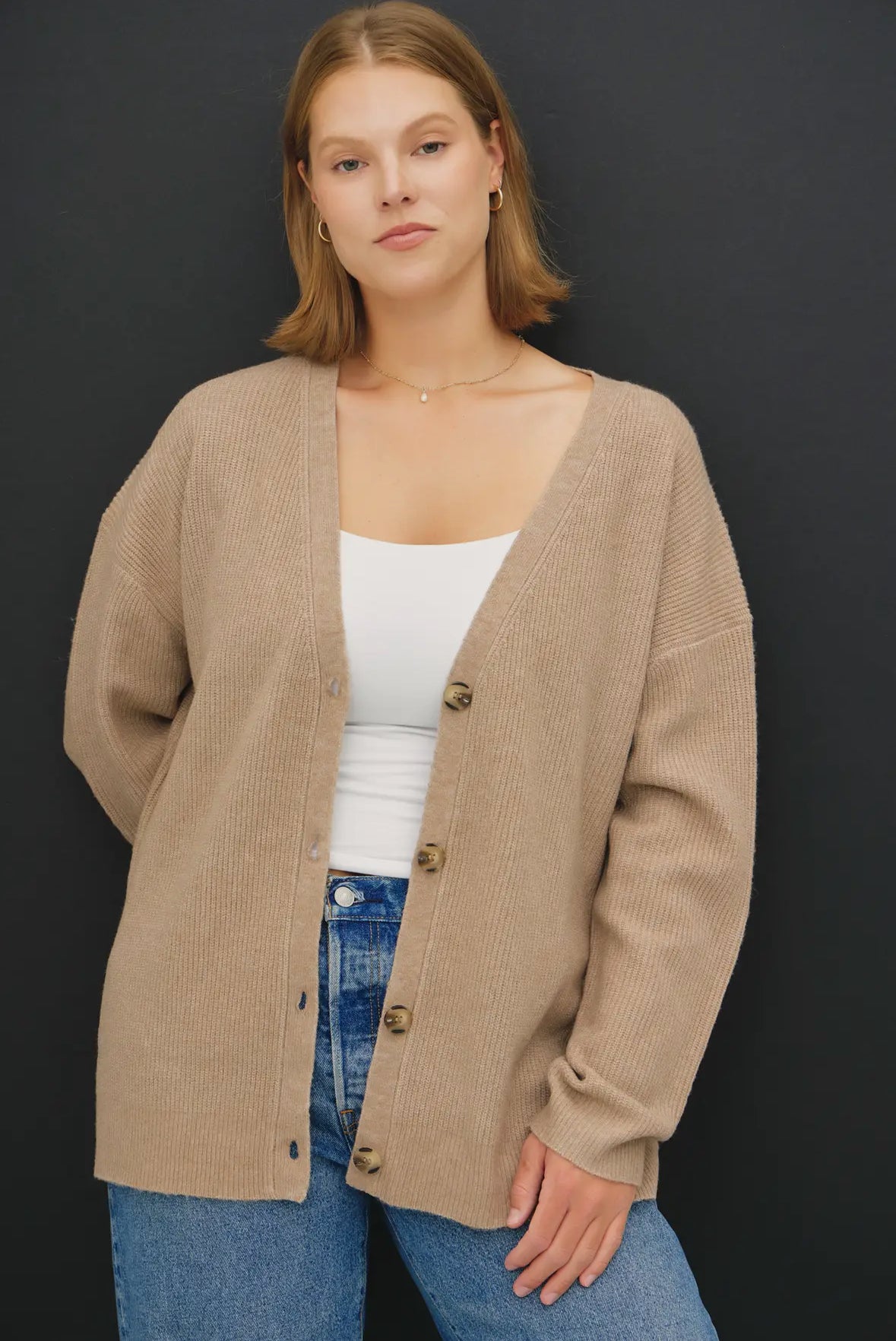 Opal V-Neck Button Down Ribbed Cardigan Plus, Mocha