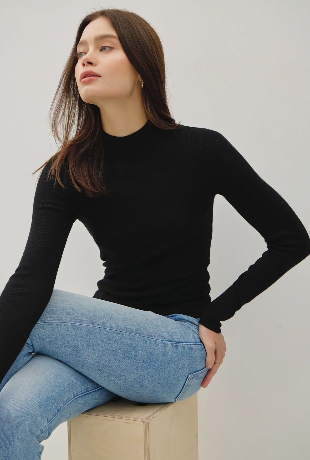 Juliana Mock Neck Ribbed Sweater, Black