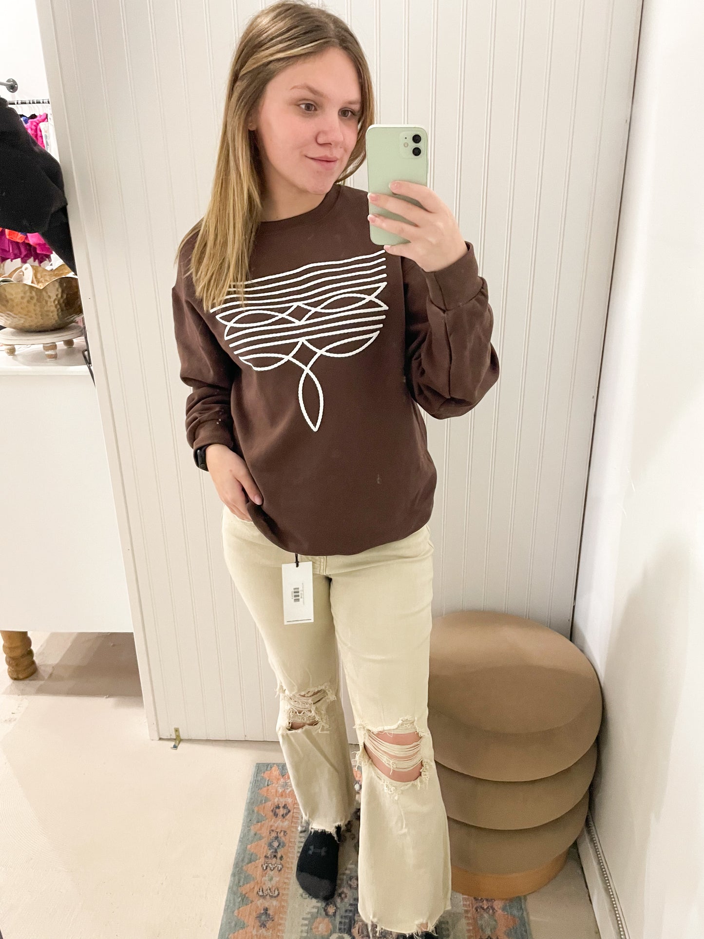 Boot Stitch Puff Crewneck, Chocolate Brown